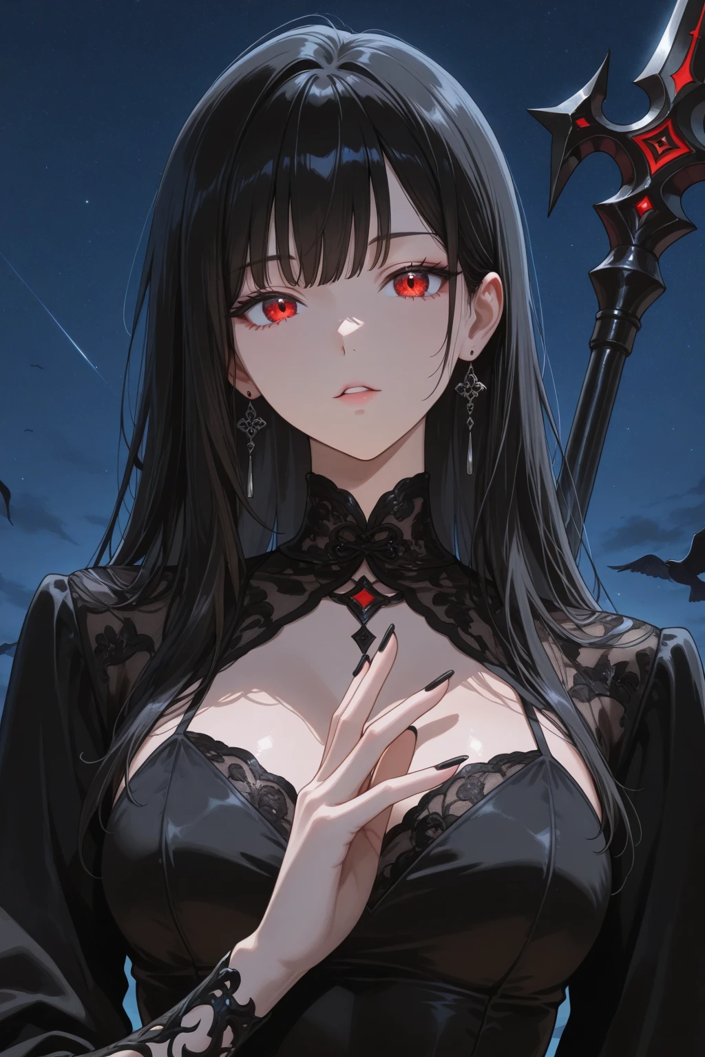 tag: '"masterpiece, best quality, girl, cool face, goth, black hair, holding scythe, bloodstains, goth, red eyes, red and black gothic dress, closed goth clothes, illustration, dark souls, bloodborn , moon background, blackthorn, thorn, starry sky