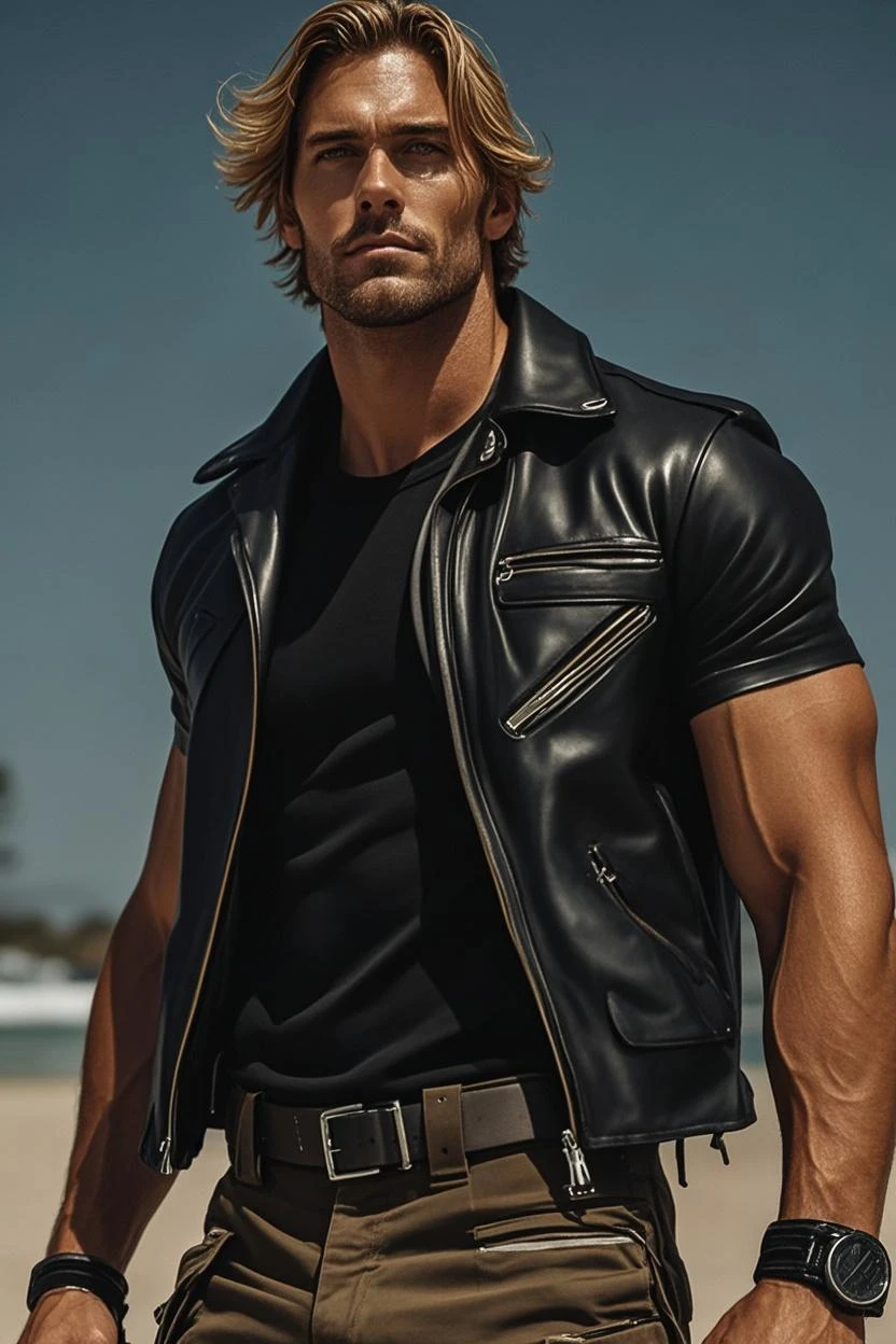 Landscape French vase tall handsome strong muscular blue-eyed wearing a black open jacket showing off the pectoral brown leather shorts, huaraches black leaning on a tree looking at the horizon