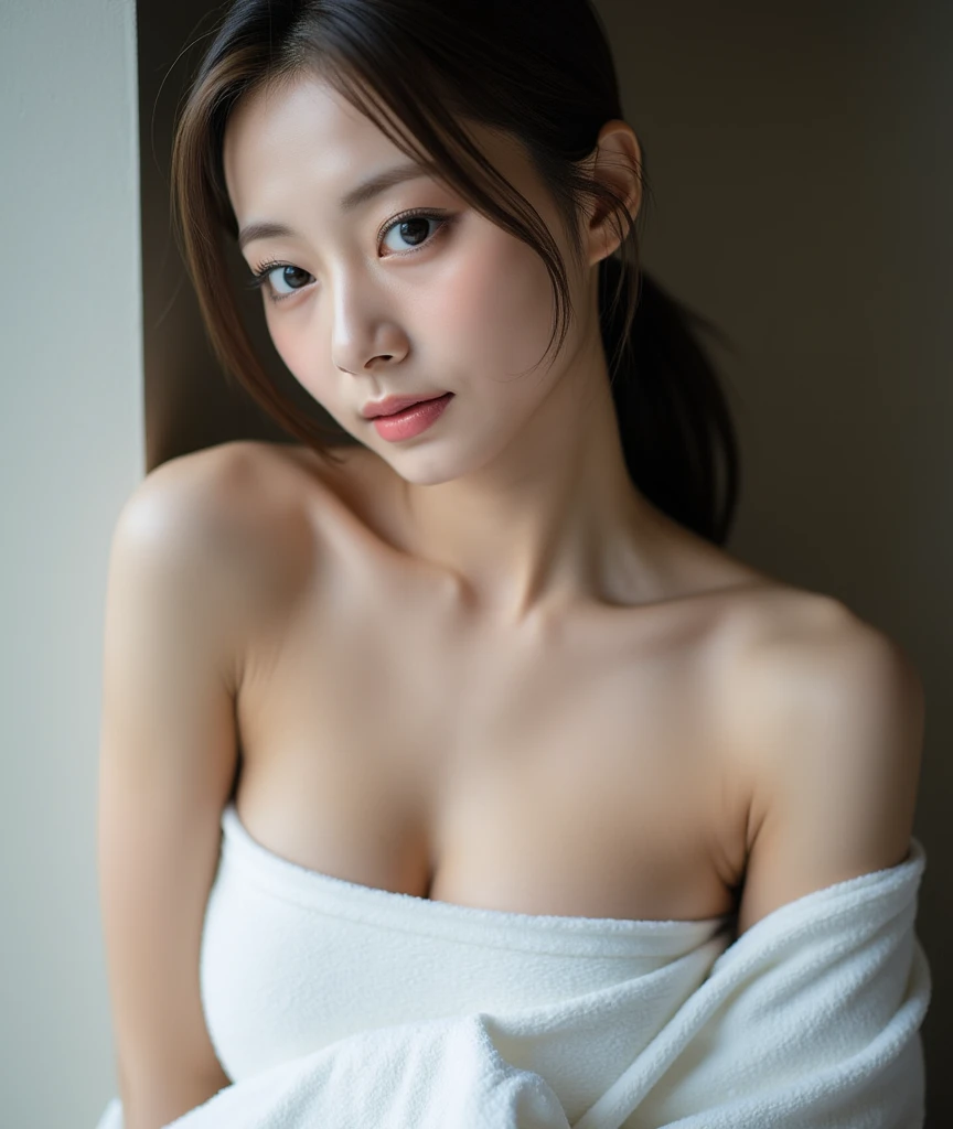 A beautiful woman, gentle and lovely, delicate collarbone, double eyelids, square chin, light white shirt, unbuttoned, transparent breast patch, bathroom