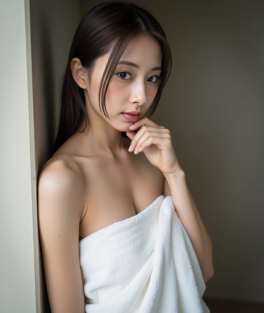 (​masterpiece), (top-quality), (Tube top Small towel:1.5), (exposed shoulders:1.5), (thin fabric:1.5), (blushed face:1.3), (barechested:1.3), (realistic:1.5), 1 little girl, precise hands, Embarrassed look, Smile, extremely cute girl, baby face, Clear eyes, Shining eyes, small breast, No pubic hair, The beautiful skin, ultra-definition, Top resolution, japan high school student, brown hair, Walking in the alleys
