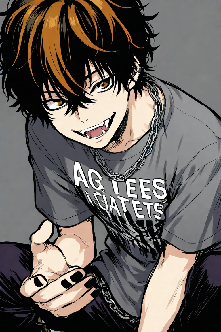 A stylized anime-style male character with shoulder-length messy black hair and golden-orange streaks in his bangs and sides. He has golden-brown eyes with a mischievous, sharp smile showing his fangs. He is crouching low, leaning slightly forward with both hands held together in a playful yet sinister pose. He wears a layered T-shirt: a black graphic tee with the word "BEATLES" in hand-drawn white letters on a purple rectangle, over a light gray long-sleeve shirt. He has black painted nails, two silver chain necklaces, and black loose pants. The background is plain gray. The art style is painterly and semi-realistic with anime influences, soft shading and visible brushstrokes.