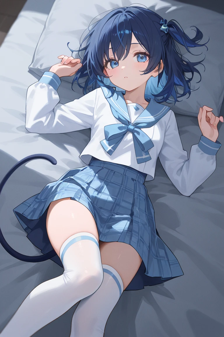 ,Highest quality,Silver Hair,Lion tail,Lion ears,Purple Eyes,Very short hair,Straight Hair,Flat breasts,Slanted Eyes,Sailor suit,Bedroom,On the bed,slender,