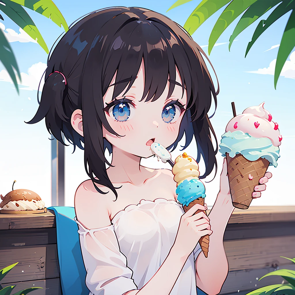 （Masterpiece），8k，Upper body，close，Front view，3 year old girl，Adorable，（Long black hair：1.5）,Bright green eyes,With bangs，smile, Eating soft serve ice cream、Summer beach、Beach parasol, During the day，