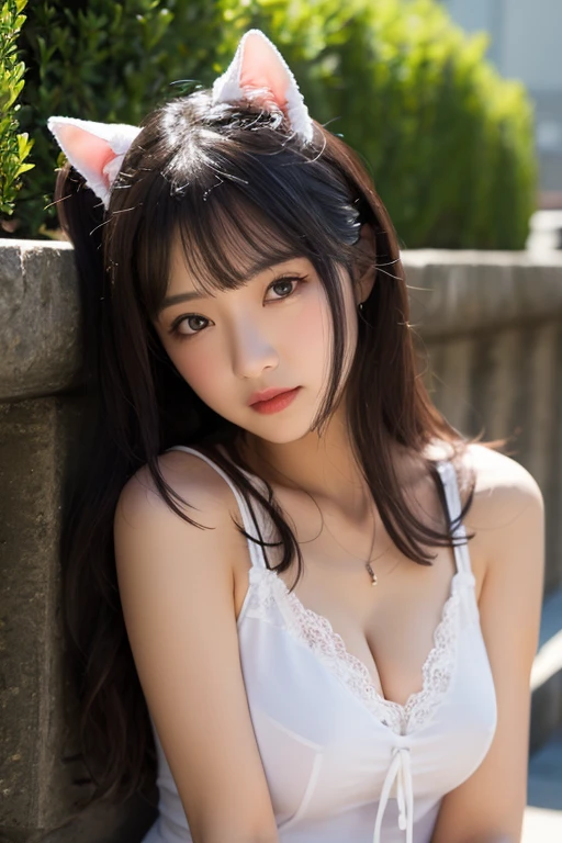 ((Highest quality、8k、masterpiece))、Sharp focus:1.2、(((Small fox ears)))、Cute 17 year old girl with perfect figure:1.4、Slim Abs:1.2、((Dark brown hair))、street:1.2、Highly detailed face and skin texture、fine grain、(The chest is exposed)、double eyelid、shoulder、Close-up of a woman in a kimono posing for a photo、Japanの女神、Japan人モデル、white、((Small breasts))、((Shrine maiden costume))、Japan、Drawing attractive anime girls、Cleavage
