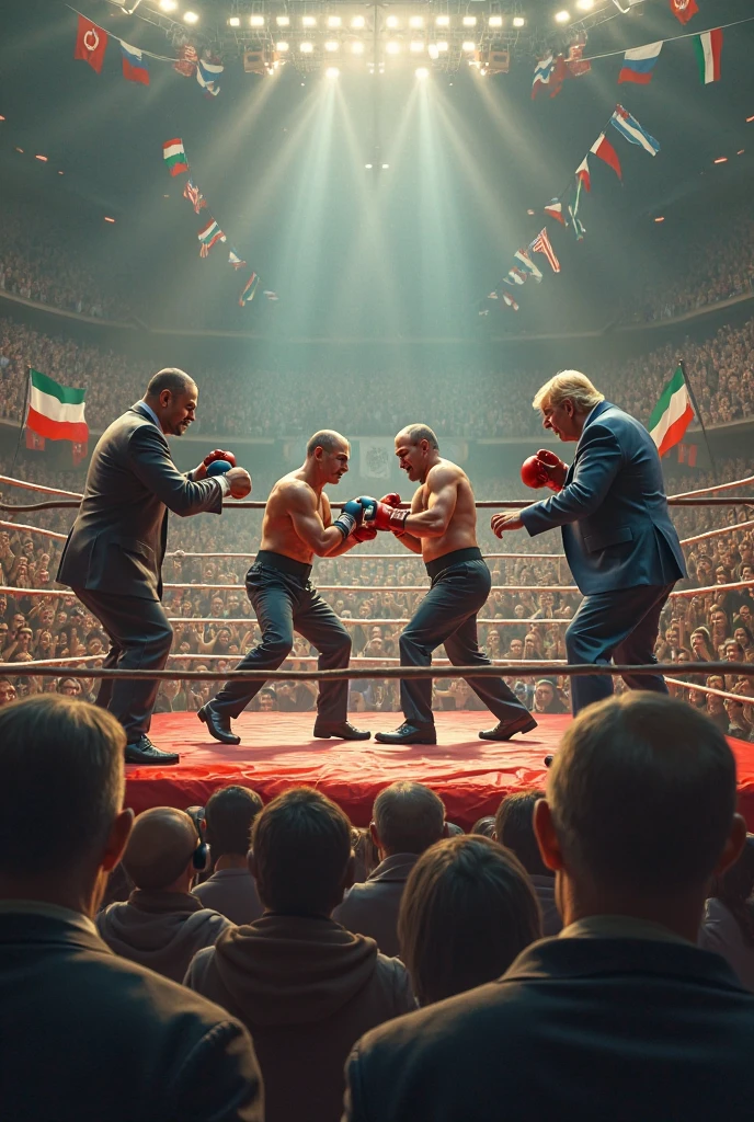 (photorealism:1.2), Putin and Trump fighting against biden on boxing ring, crawd around, fire, thousands of viewers, f-16 and FPV drones in the air