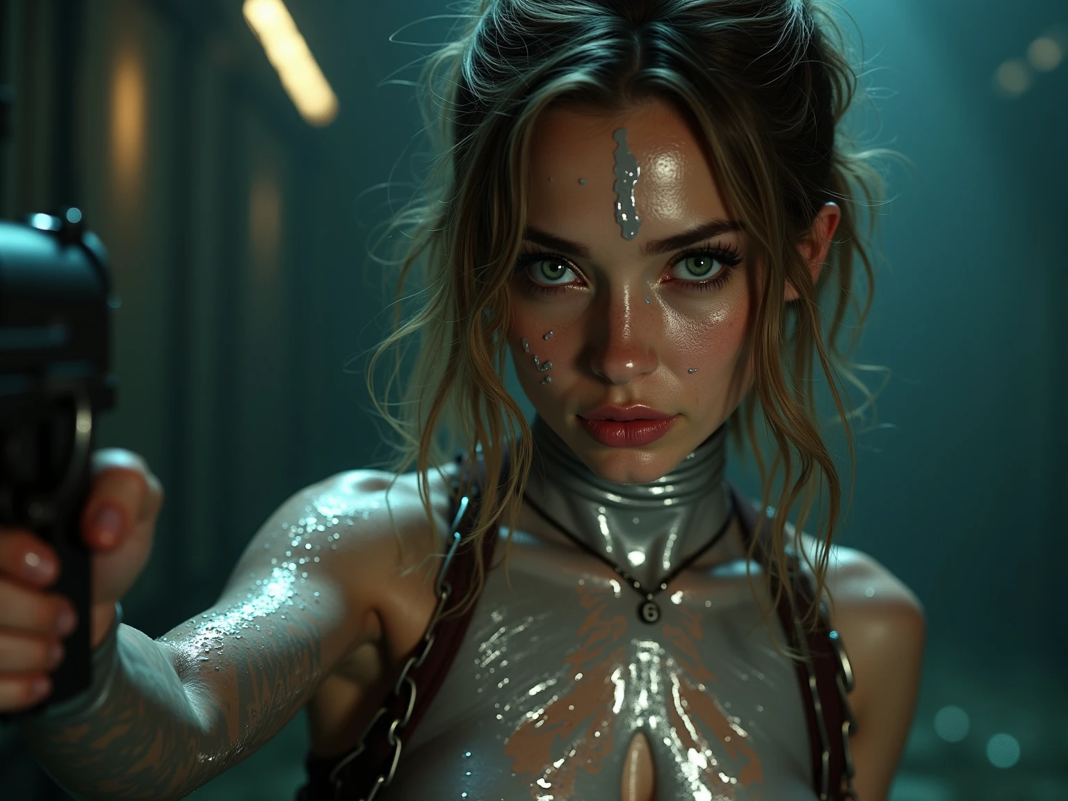 detailed cinematic photography of Beautiful teen Emma watson as cyberpunk techno female shaman, tribal corsetry outfit, tribal tattoos, a beautiful cyberpunk cell, dynamic pose, posing for Maxim magazine cover, neon lit, iabstract beauty, near perfection, pure form, intricate detail Outrageously stunning detailed photo realistic cinematic photography