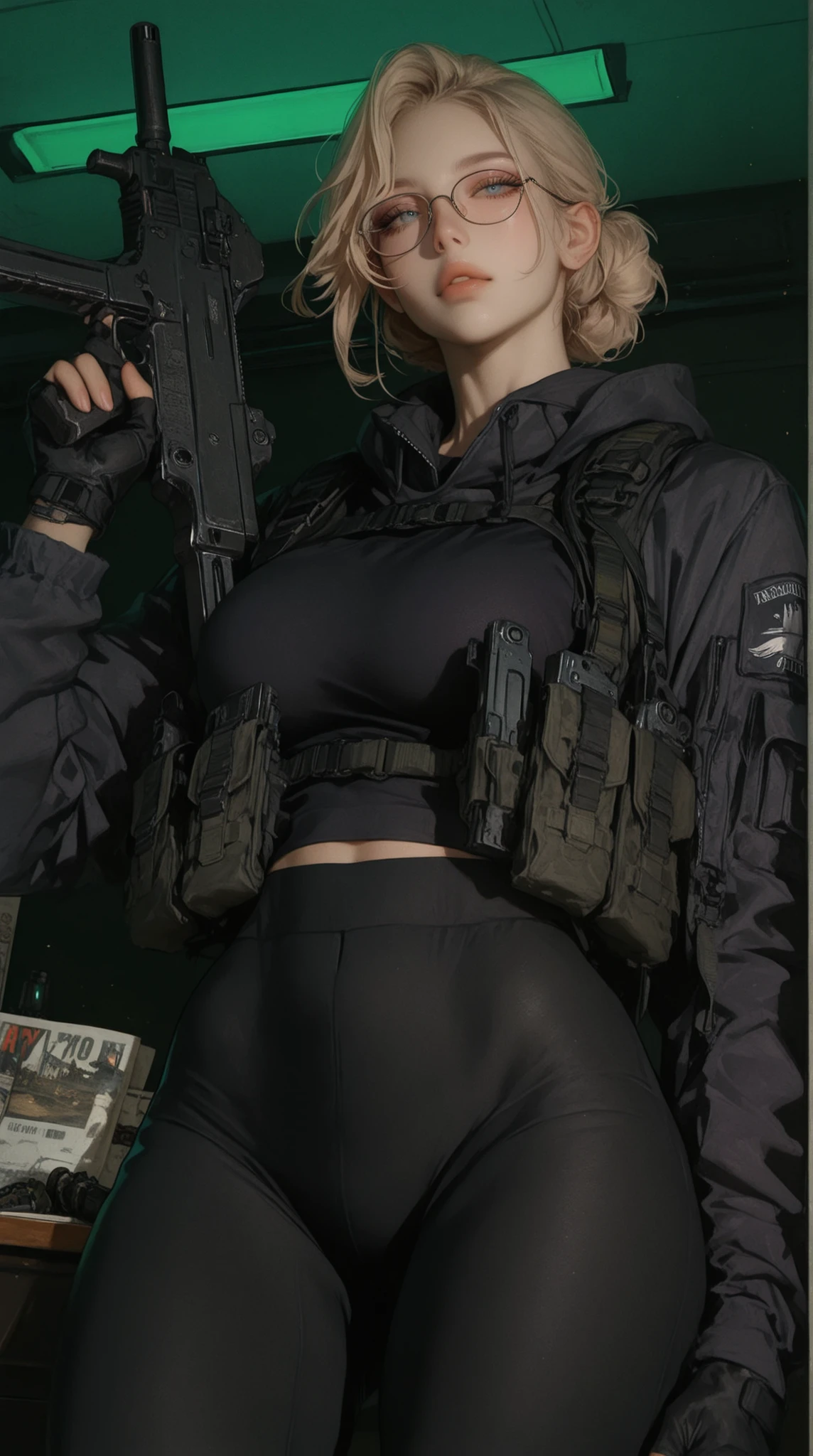 (masterpiece, best quality, photorealistic, raw photo, 8K, HDR, ray tracing, exquisite details, high resolution),
1girl, Russian, young woman, slim athletic build, beautiful detailed face, striking facial features, 
blonde wispy bangs hairstyle, long eyelashes, crystal almond blue eyes, full lips, detailed lips, 
purple lens glasses above forehead,
black matte jacket with tactical vest with, mobile gadget on center, magazines and grenade pouches, they held a formidable submachine gun while fingers near the triggers upheld by black fingerless gloves,
black tight pants,
full-body shot, studio shot, asymmetric pose stance, dynamic shot, low angle, intense gaze directly at viewer, standing in a green tosca neon lighting military room,
body proportions: , slim waist, wide , athletic thighs, slim body beauty,
skin texture: dry, realistic, anatomical accuracy,
cinematic lighting, soft lighting, soft shadows,
shallow depth of field, bokeh background, studio environment, detailed background,
