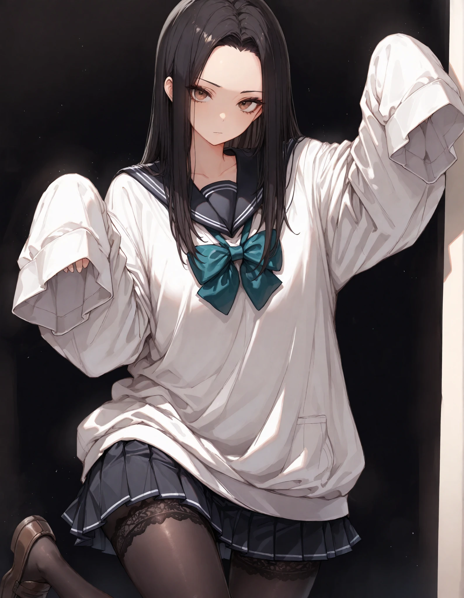 Shelley Gee, (masterpiece, top quality, High selection accuracy: 1.2), , Alone, (masterpiece, best quality:1.2), Bartolomeo Bari , Kiyomi , (1girl, solo), (long black hair, STRAIGHT HAIR, Forehead), brown eyes, (Serofu, lace fabricセーラー服)、bow tie、cowboy shot、lace fabricの詳細なレオタード、Long Pleated Skirt、Black background、Black pantyhose、stand on one leg、Black Sailor Color、lace fabric、growing、loafers、thin、ghost pose in long-sleeved clothing、Oversized uniform、No expression、