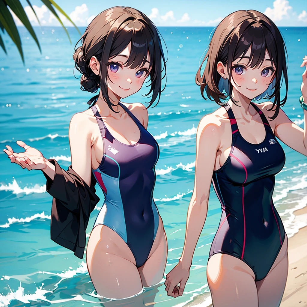 (masterpiece:1.2),(best quality:1.2),(masterpiece, best quality, ultra-high resolution), (1girl), Short, damp dark brown hair, piercing blue eyes, tanned and toned skin, tight-fitting navy blue racing swimsuit, matching swim cap, mirrored swim goggles, defined and athletic muscles