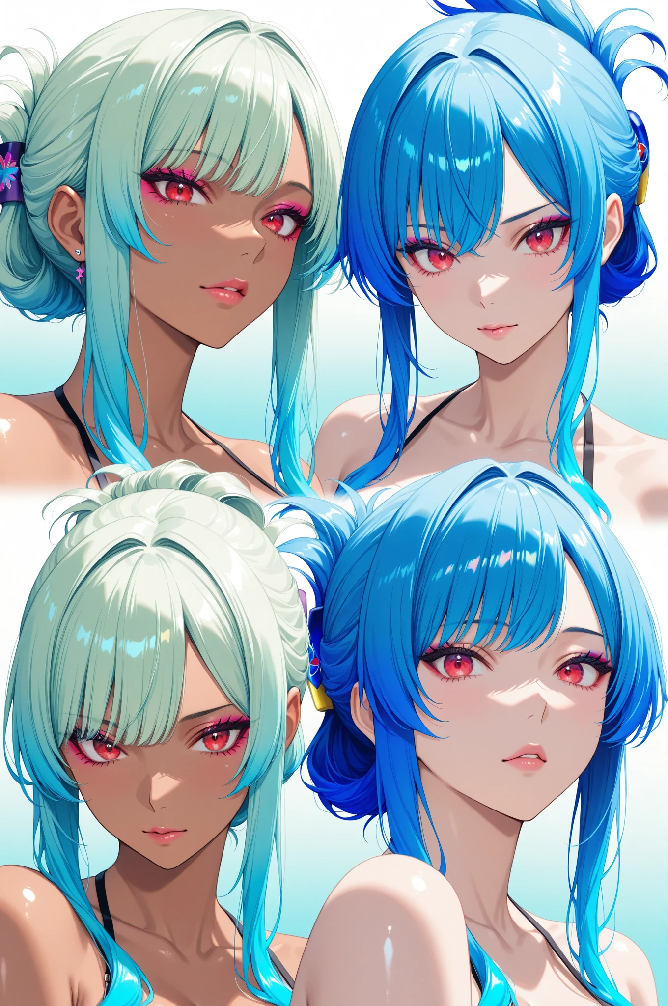 (hatunemiku:1.5)green hair.very long_twin tails.green eyes.masterpiece, highest quality, a , emerald green hair long wavy hair twin tails.hair between eyes,dark green eyes
.dull bangs, double ahoge, red hair band, Pearl Skin, small breasts, very big pigtails, red bikini, sunny, coastal