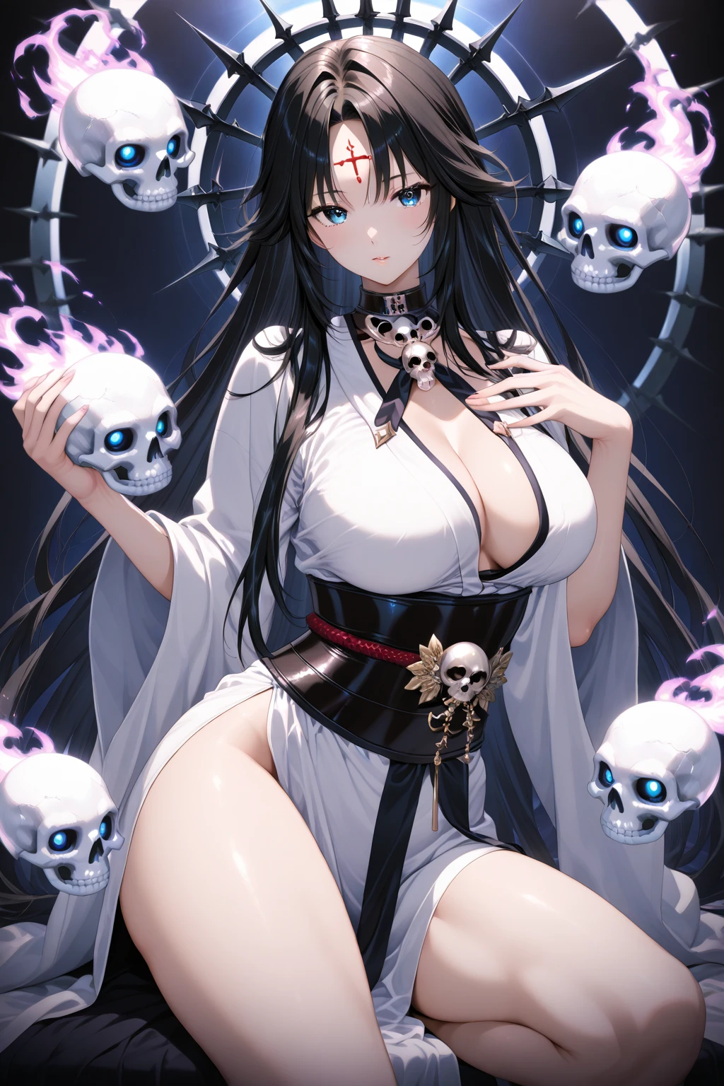(Large centipede: 1.5), (Arachne: 0.5),
Master-piece, monster, solo, upper body bewitching beauty, lower body is a huge centipede, whole body, kimono beauty, tattered kimono, black hair straight, bangs, crimson lipstick, sink eyes, background is Japan cave, limestone cave, candlestick, golden rays from the ceiling, skull, sexy, sensual, indulgent, erotic, high image quality, high definition, accurate drawing, detailed drawing,