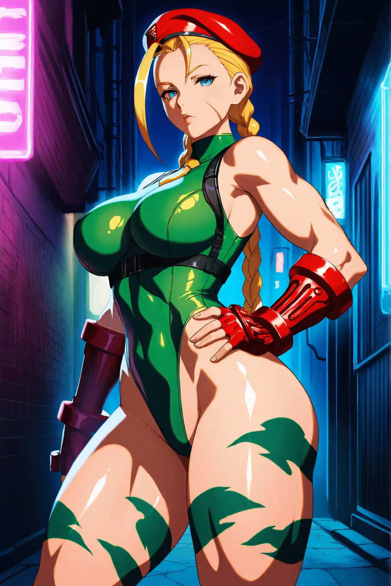 Portrait, official art, best masterpiece, best quality, best resolution, 8K, best detailed, perfect anatomy
break
cammy stretch \(meme\), stretching, arms up, From behind, buttocks, turn around
break
1girl, solo, kurumi noah, hairclip, hair ornament, bow, jewelry, medium breasts, (Short stature:1.3), cute, Green Eyes
break
blonde hair, beret, (red headwear:1.3), scar on cheek, green leotard, sleeveless, red gloves, fingerless gloves, camouflage
break
(lewd smile), grin
break
Back alley, downtown, (night, midnight, darkness:1.4), very fine and detailed 16KCG wallpapersrs