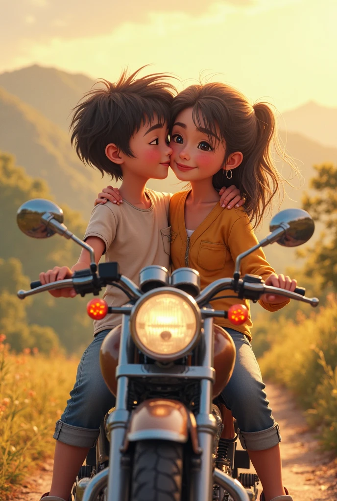 A boy and a girl are sitting on the bike called NS 200He conveys his love to her There should be a love in the middle and then the pictureA side view of the bike and her. A picture from a distance