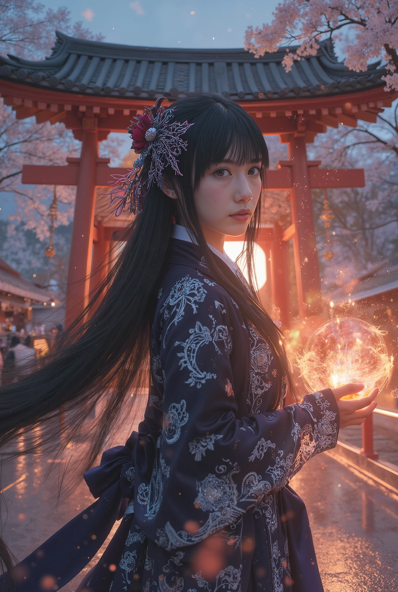 (best quality, 4k, highres, masterpiece:1.2) , ultra-detailed, (realistic, photorealistic:1.37), beautiful Japanese high school girl, dressed in traditional onmyoji outfit fused with modern school uniform, long black hair with silver streaks, glowing talismans floating around, fox spirit companion, mystic aura, ancient Japanese shrine in the background, twilight setting, magical particles, cinematic lighting, intricate details, by Yoshitaka Amano and Greg Rutkowski, fantasy anime style