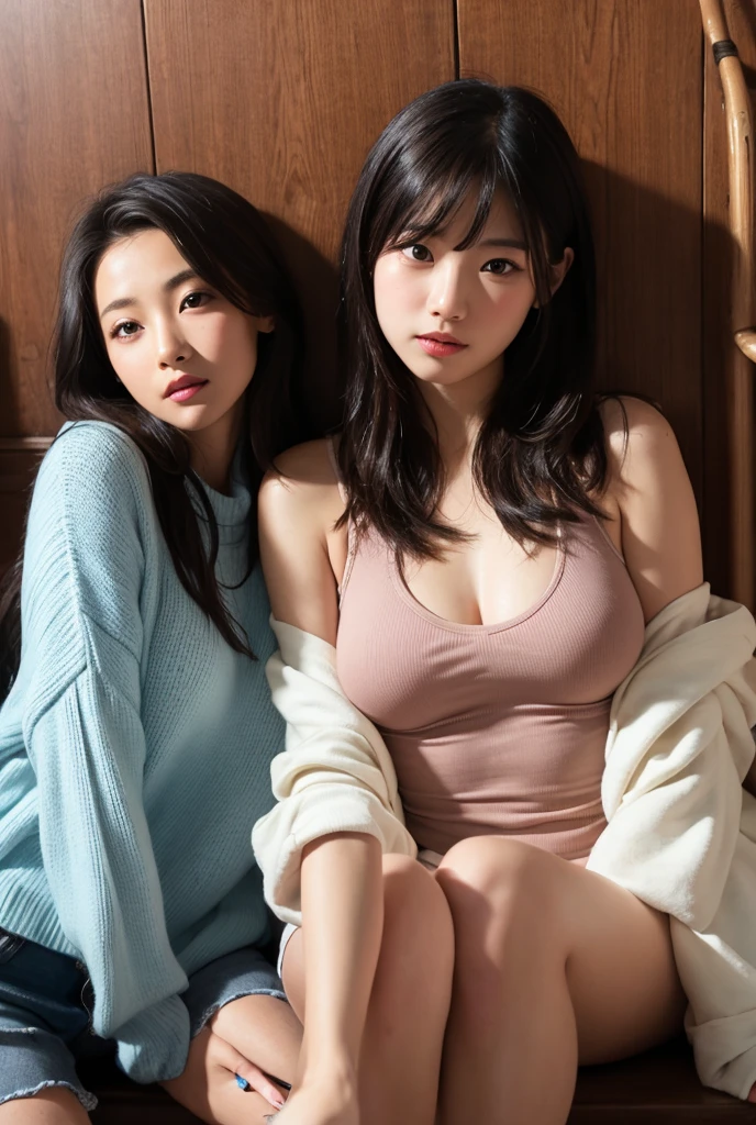 2 women、bottomless、sweater、Put your face on each other's crotch