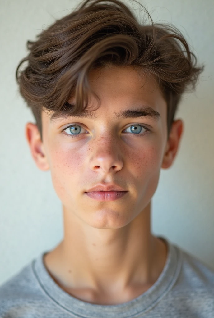 A 14 year old boy, hermoso, facciones finas, rasgos lindos, piel blanca, ojos azules, light brown hair, mirada triste y pensativa, pecho agradable desnudo y definido, toples, piernas fuertes musculosas desnudas, masculino