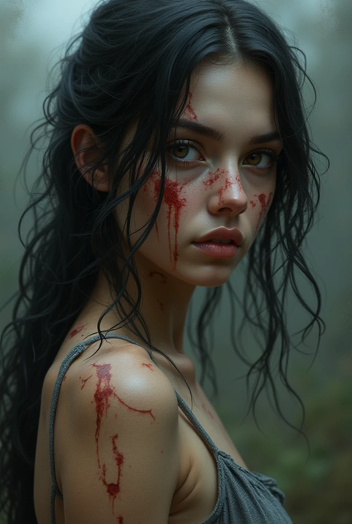 a cute girl, (epic portrait:0.85), flowing hair, sweaty skin, night, [[soft cinematic light, adobe lightroom, photolab, hdr, intricate, highly detailed, ]], ((by brian m viveros)), (depth of field), epic realistic, (bloodpunk:1.2)