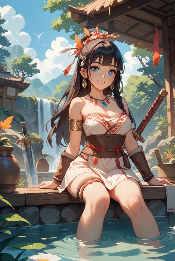 masterpiece, best quality, <lora:tione-nvwls-v1-000009:0.9> tione hiryute, tan, braid, halterneck, red crop top, cleavage, bracer, clothes around waist, red thighhighs, large breasts, looking at viewer, on ground, sitting, from above, smile, tree, shade