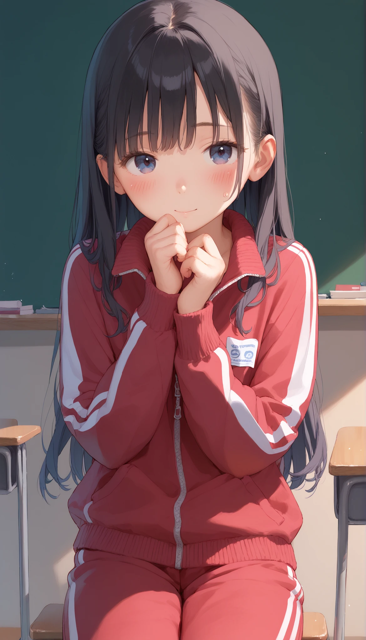 ((nsfw)), 1girl,black_hair,black_eyes,((Top quality)), ((Masterpiece)), ((Ultra precision)), ((Ultra detailed illustration)),solo, {{{{from front}}}},track suit,school gym clothes,(The location is classroom),8K,Embarrassing,long hair,{{"yellow_urination"}}