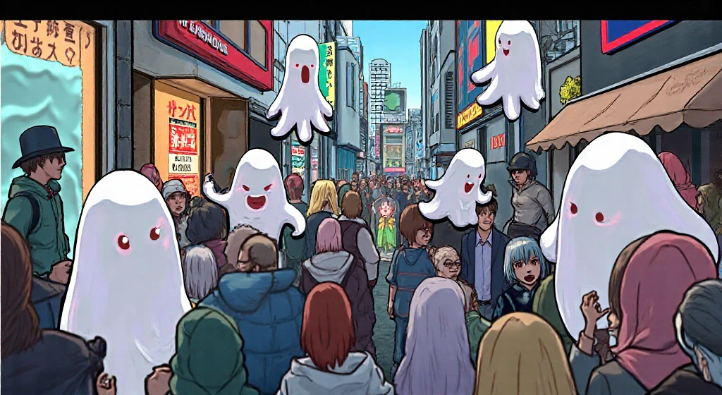 Dia das bruxas, noite fria, desenho, anime, fantasia, pessoas nas ruas.