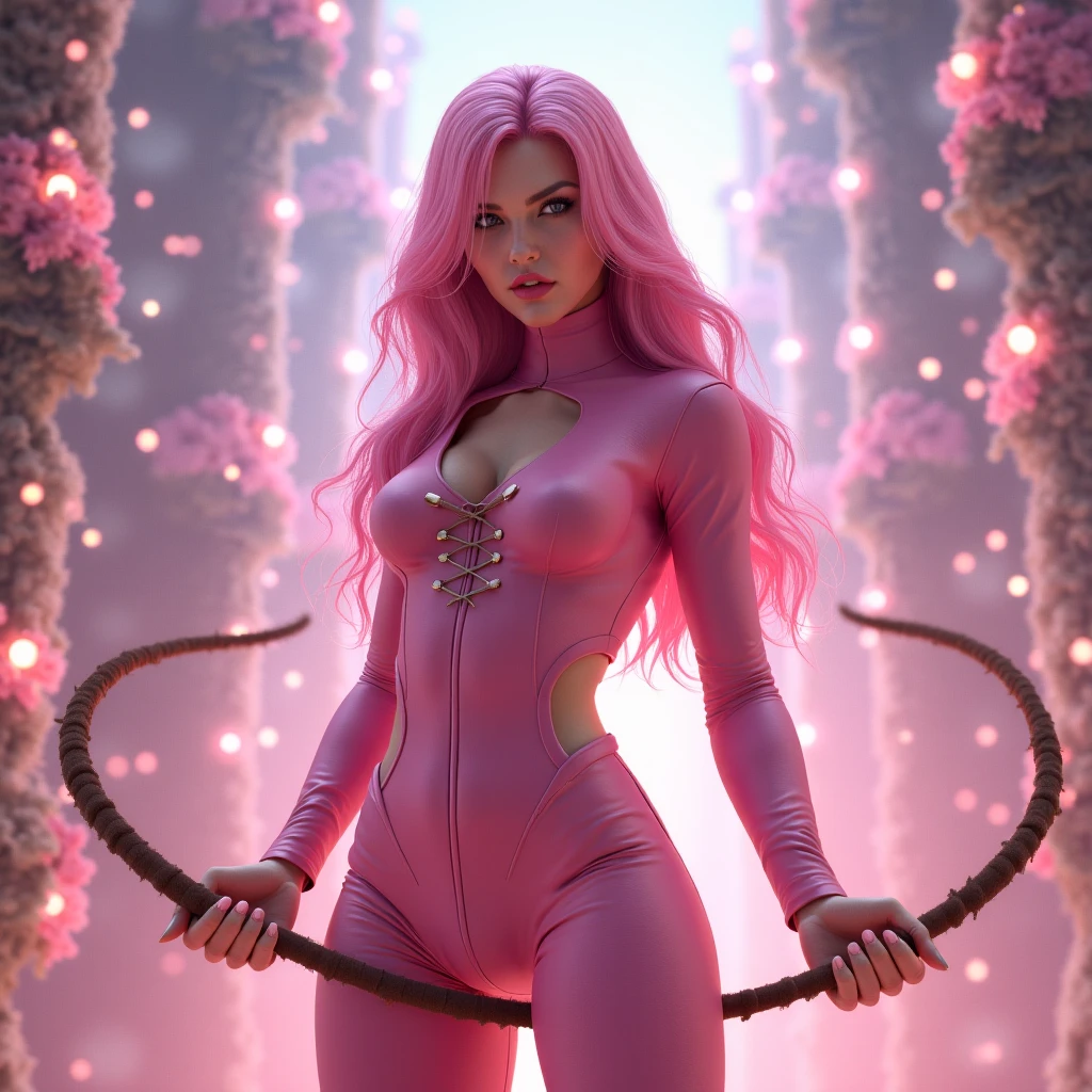 (Ultra best quality, and 8K, masterpiece, delicate illustration), wild woman in the forest, Pink catwoman style full body outfit with long, Wet, messy pink hairstyle hair, bright light pink plump lips, cat pose in the forest, She is dressed in an ultra-realistic pink catsuit