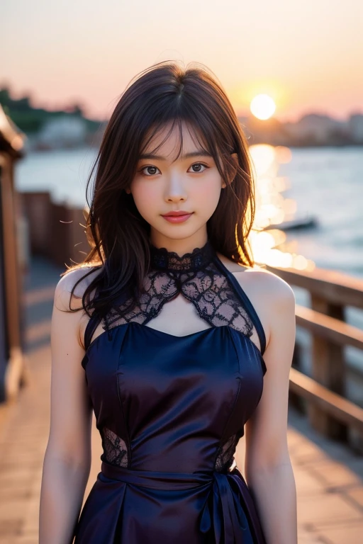 highest quality, figure, super detailed, finely, High resolution, 8k wallpaper, 完璧なダイナミックな構figure, beautiful skin, Big eyes that shine like jewels, (1 beautiful girl at 20 years old:1.6), natural color lip, random sexy poses, Chest middle, smile, Highly detailed face and skin texture, Detailed eyes, Double eyelid,leaking teeth and laughing, close-up, from side, long black hair, (Brown dress:1.2), sunset