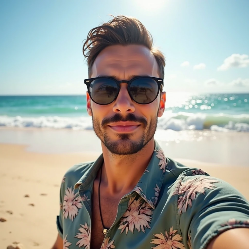 28 year old man, tanned skin, captivating smile, wearing sunglasses and a black Jordan brand skater hat, shirtless showing chest muscles, sitting on a red cloth chair on the sand 
