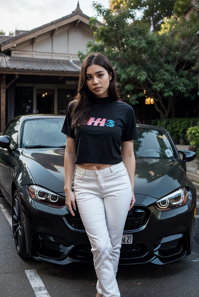 RASHMIKA FACE MATCH SMILE DEEPIKA LIP ZARIN KHAN BLACK HAIR CHEST36 sad emotion night pose of BMW CAR road not private par blu jeans anD black t shirt