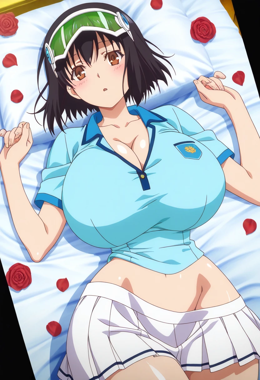 masterpiece, highest quality, High resolution, One girl, 1boy,  hetero, sexual intercourse, Pornographic images, short hair, etsukoto, Brown eyes, fine grain, fine grain, (((Thick thighs, Plump thighs, Voluptuous thighs, Thighs alone are enough))), Huge and ample breasts, Cleavage, Huge long breasts, Naughty big,((Big breasts are important))、((Naughty thighs)), L Cup, (thin:1.4),(Tight waist:1.4),  (yellow dress:1.4), ((white waist apron, white panties), Embarrassed look, blush, (((Simple Background))), ((Wide Hips)), Shiny, Oily skin, Mature mother, Calf, Seductive mature woman, Perfect body, Plus Size Model, curvy, ample, etsukoto, blush, clavicle, retro artstyle, 1990s (style), (thick thighs:1.4), (((bursting breast))), ((lying on bed)), ((cum on breasts, cum on body, A lot of semen)), (huge penis), from below, spread legs, ((nsfw)),