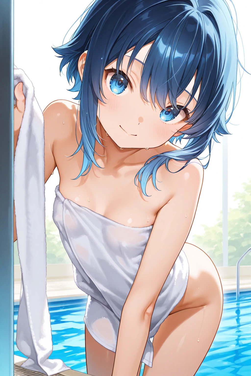 1girl in, Solo, (long dark blue hair, Ponytail and side van, small tit), (Inspired by Cold Steel&#39;Shower room) ,(Accurate Hand Modeling,),natta,Military Academy, Shy face,Smiling smile,open one's legs,(Hands behind the head,Naked:1.3) ,(hiding chest with hands:1.3) ,taking shower,sodden, panties