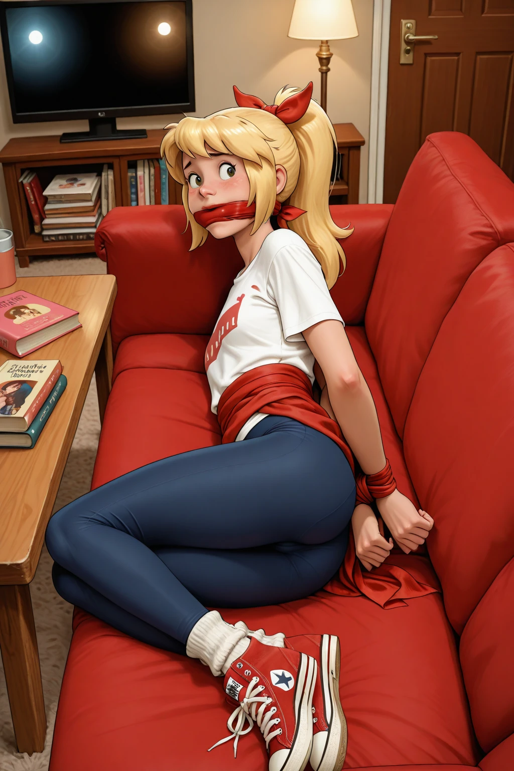 Shiny blond hair, very long hair, sophisticated haircut, ((((hair fully braided)))), ((small twisted braids)), thin and oval face, submissive, (((gagged))), ((((open denim jacket showing her breasts)))), cute and blushing 18 years old anime girl, look away because she is embarrassed and blushes, bright blue eyes, detailed face, detailed members, detailed arms, detailed hands, ((((sparkling diamond jewelry)))), tiara, ((makeup)), high heels, puffy sleeves, long gloves, long eyelashes, Girl lying, tied by ropes, shackled, can no longer move, tied tightly, very hard tied up with lots of ropes, hampered by so many ropes that she can no longer move, bound hands and feet, ropes tie his whole body, tied extremely tightly and forcefully to her bed by a lot of ropes, its limbs are strongly tied together by ropes, his torso is tied up with thick cords, her chest is so tied up with ropes that it sticks out, her legs are tied tightly with thick ropes, his hands are tied behind his back with ropes, she can no longer move her feet, her hands which are tied by thick ropes, she desperately tries to free herself, likes to be tied tight with big ropes, likes to be immobilized by big ropes, lying down, his hands and feet are strongly tied to the railing of his bed, his legs are pressed together and tied with ropes, its limbs are held vigorously by imposing ropes, her hands are tied securely behind her back by ropes, her chest is compressed by strong ropes, she is pressed against her bed and restrained by large ropes (shibari, arms behind the back:1.4), (hands on the back), (masterpiece, best quality) 1.5, 1girl, solo, (sexy, beautiful woman, perfect face, perfect eyes, perfect hands), samus aran, (shibari, arms behind the back:1.4), (hands on the back), Spread the legs, s' ((lie in bed by big ropes)), ((close up of the girl)), ((((lie in bed))))