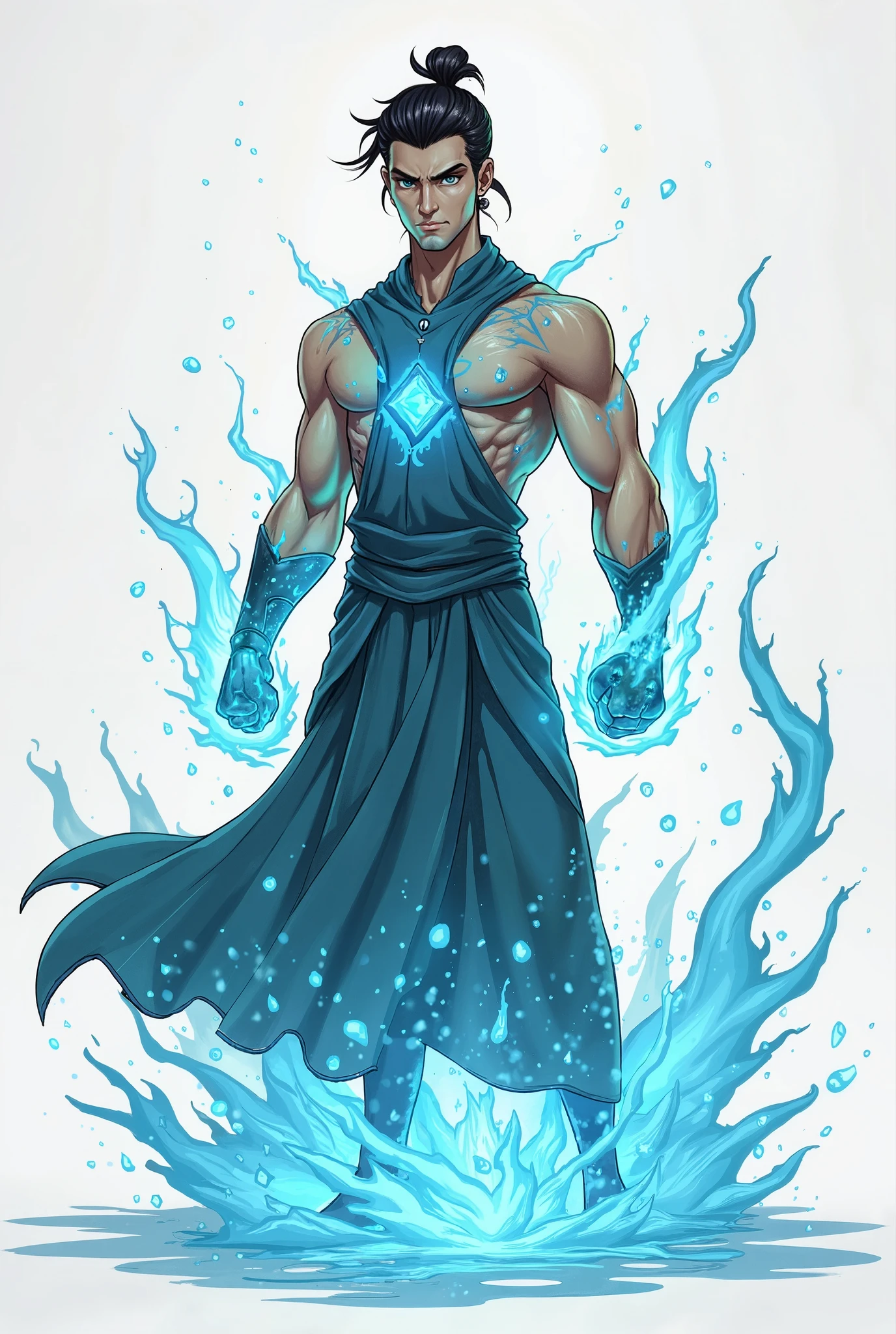 (melhor qualidade,estilo de desenho), bald monk, pose de luta, Magia elemental de agua