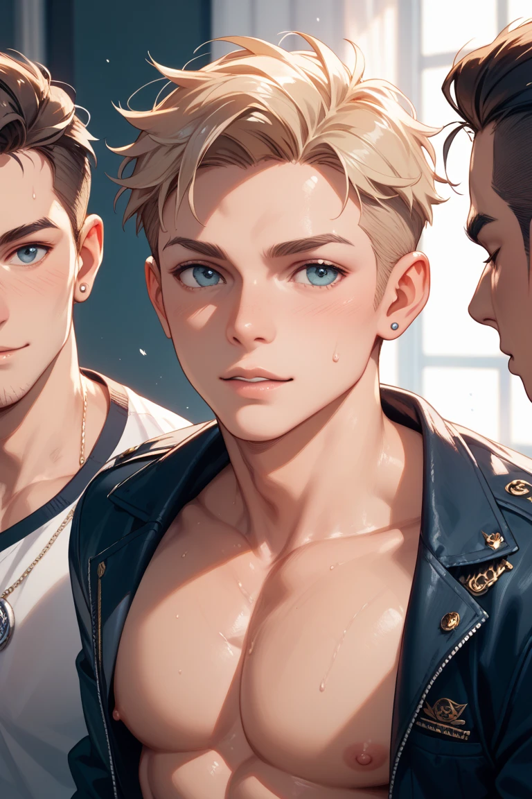 Um corpo inteiro, Portrait of 3 German boys half Sufi blonde hair in cut, de 16 anos, jaquetas de couro, holding in his hands nothing, fundo de quarto, chain on one of the necks of one of them, sem blusa, well-defined abdomen --auto