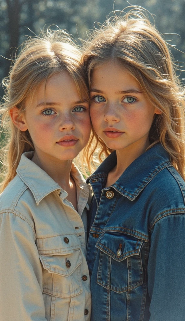 GIRLS Russian children aged 10 years, loiro cabelos compridos, retrato, JAQUETA PRETA E ROUPA PRETA, fundo amarelo.