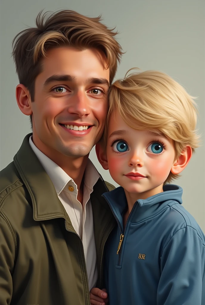 2men, American father in his 30s, 8-year-old American son, Paternity, caucasian, ブロンドヘアー, blue eye, Tense face, highres, award winning, best quality, high quality, high details