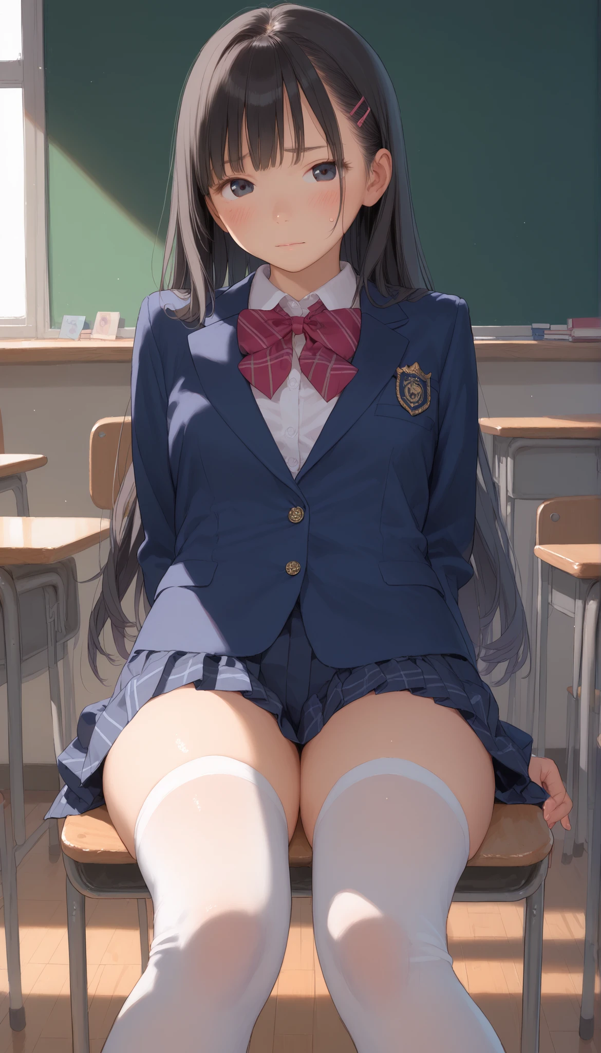 Dark-skinned Japanese woman (wearing a skirt but with her legs open and genitals visible), thick thighs, wet genitals, confused expression, location: school classroom