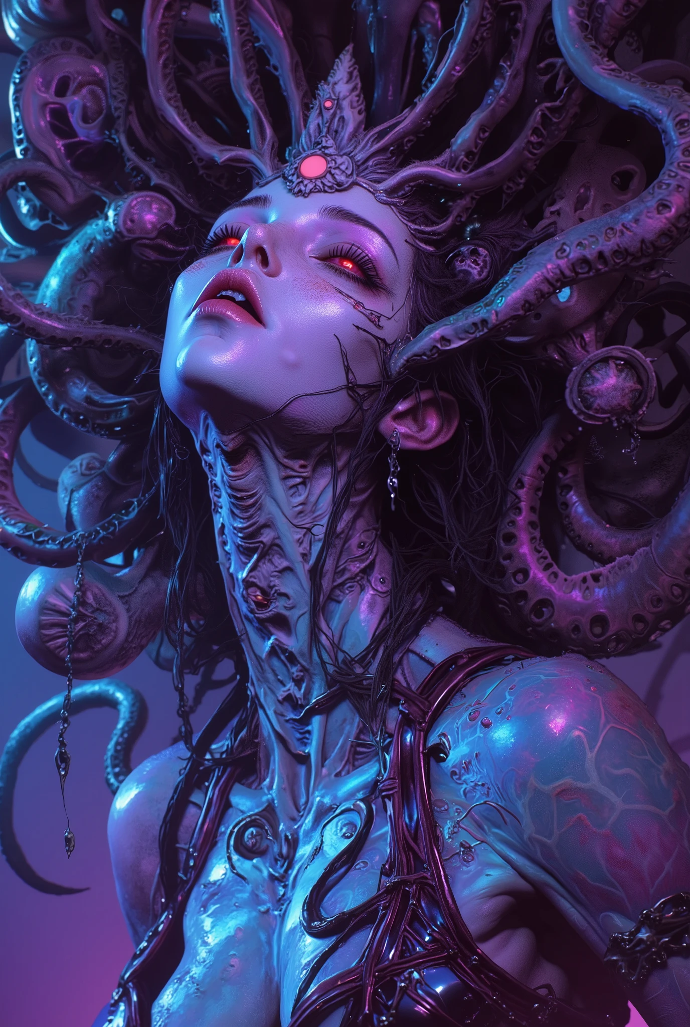 neon colored, (photos realistic:1.7), (1 beautiful and Coquettish female alien:1.4), (There is a female genital-like organ in the middle of her forehead:1.95), She has medusa-like hair, (there are lots of translucent tentacles from her head like her hair:1.5), (vulgarity1.7), (she is looking down at viewers with glowing red eyes with no pupils:1.6), (She has translucent pale skin:1.4),(She has the most beautiful face in the history of the universe:1.2), (She has multiple bioluminescent organs on the side of her tentacles:1.4), (Her body is covered with an iridescent exoskeleton:1.4), (She is showing her arm pits:1.6), an evil gaze that seduces, (looking down at viewers:1.4), (bio luminescent:1.4), (Smile wickedly:1.3), (ypose:1.4), cells are fused, extraterrestrial, cell, bio image, ultra high resolution, Beautiful eyes with fine symmetry,(Highly detailed face and eyes:1.2),(Super detailed skin quality feeling:1.4), perfect anatomy, (Beautiful toned body:1.5), (Moist skin:1.2), not wearing makeup, (dark circles:1.1), cinematic drawing of characters, cinematic quality, (exquisite details:1.2), high resolution, High freshness, drawing faithfully, official art, Unity 8K Wall paper, ultra detailed artistic photography, midnight aura, unreal engine 5, Ultra Sharp Focus, art by MUCHA, art by Amano Yoshitaka, ArtGerm, ultra realistic realism, dream-like, Creation of (Numerous award-winning masterpieces, with incredible detail, textures and maximum detail), Dramatic Lighting, cinematic quality, (exquisite details:1.2), High freshness, drawing faithfully,, dream Snail, (biopunk nautilus:1.3),Thrilling color schemes, seductively smiling, Amazing mutation, well-proportioned body, goddess of the deep sea, fractal, Geometric pattern, impossible figures, subtle emerald green accents, (expression of ecstasy:1.5),