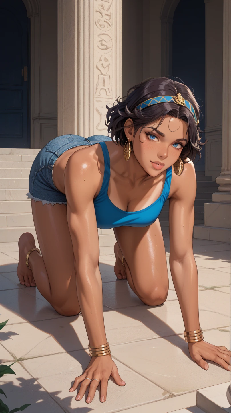beautiful picture portrait of (mexican mature female:1.3) at bathhouse, full body view, yellow and light_blue color theme, (clear eyes), evil_smile, braids, muscular body, (cinematic lighting), [detailed ambient light], [detailed face and eyes], (small_breasts), leather, straps, ((looking at viewer)), ((higher body and limbs detail):0.9), (realistic proportions), (sharp focus:0.9), (masterpiece), multi-tone, Ultra realistic, masterpiece, highest quality, ultra detail,adorable, absurd res, by Pino Daeni, by Ruan Jia, by Shiitakemeshi, by Alayna Lemmer, by Carlo Galli Bibiena, (science fiction), KAWAII, ANYTHING MODEL, waifu, bathrobe,