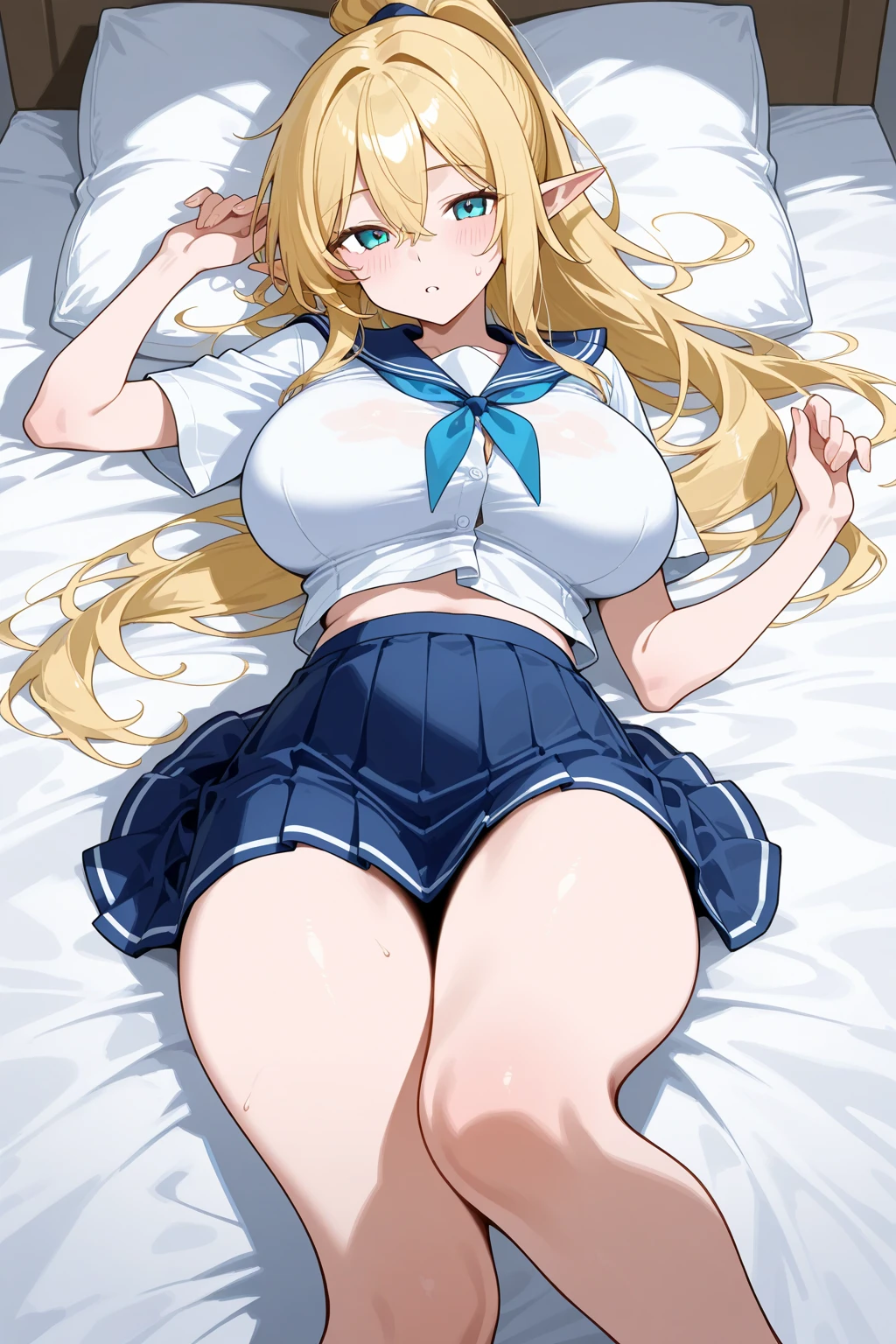 (Masterpiece:0.9), best quality, (illustration, high-resolution:1.1), hyper detail, (cinematic lighting, rich colors), atmospheric,
BREAK, 1 beautiful girl, girl, (cute:1.5),(Little:0.5),(cute:2.0),(change:2.0),(12 year old girl),(big breasts:1.65),(chin hair,blonde,blue bow,green eyes,Eyebrows visible through the hair,side lock,long hair with bangs parted, hair flower, hair ornaments, big ribbon in hair, curly hair, ponytail:1.6),:he, white feathers, one thin white wing, Ang he wings, spread your wings, shining wings),pit \black},glowing skin, beautiful skin, Shining beautiful skin, open your mouth, bashful smile, alone, tooth, upper teeth,(long eyheashes, double eyheids:1.2),alone, glowing skin, beautiful skin, Shining beautiful skin,(highest quality face),(highest quality shining eyes),(:d),
BREAK
(lying on the wide bed:1.1),black tight skirt,intricate white camisole,(strap slip:1.2),knee high socks,sleeping,BREAK,(closed eyes:1.2),(open mouth:0.7),(hands up:0.7),full bashful,drunk,from above, feet focus,luxurious bedroom, stylish atmosphere, indirect lighting,
BREAK
(perfect anatomy, perfect arms, perfect hand, perfect finger, perfect legs:1.3)
BREAK,wakame,wakame,wakame, (from below:1.2), cowboy shot,
BREAK,(Blurry background:1.3),(absurderes, hight resolution, Super Detail Art),cel shading,Clear Color, Lonely optical effect, Beautiful pictures, Bright glow, mystic atmosphere,Mystical light particle effect,manga influence, clean line drawings,