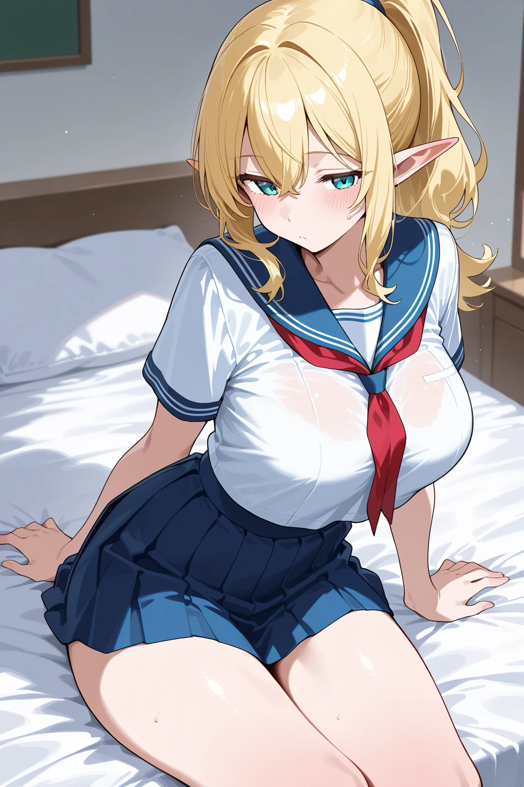 (masterpiece, best quality:1.2),illustration,8k,hd,1girl,solo,upper body,(portrait:1.2), elf girl, elf ears, (large breasts, small nipples), blond short bob hair, skirt,bow,pleated skirt,white shirt,red bowtie,short sleeves,collared shirt,parted bangs, (((ahegao))), (blush, female orgasm), ((very long black loose socks)),(torn tattered summer sailor uniform, serafuku, red butterfly tie, naby pleated micro skirt, light skyblue string panties), sitting, squatting, spreading legs, (((torn tattered clothes))), (((pee, peeing))), (peeing over panties), (looking at viewer), (spreading pussy by fingers, creampie pussy), (pissing), bukkake, cum on face, cum on breasts, cum on legs, cum on clothes