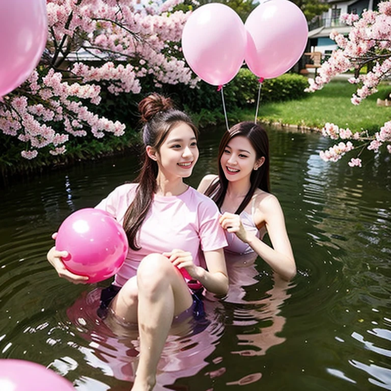 Two woman, korean artist natural woman. Wearing blue employee uniform, Holding long cucumber, cucumber have splash thick and doused milk, two woman doused with a many milk. shocked face. Up looking. Dripped body, Soak body, wet body, sit down in the mat, beside river, outdoor situation, full photo body shot