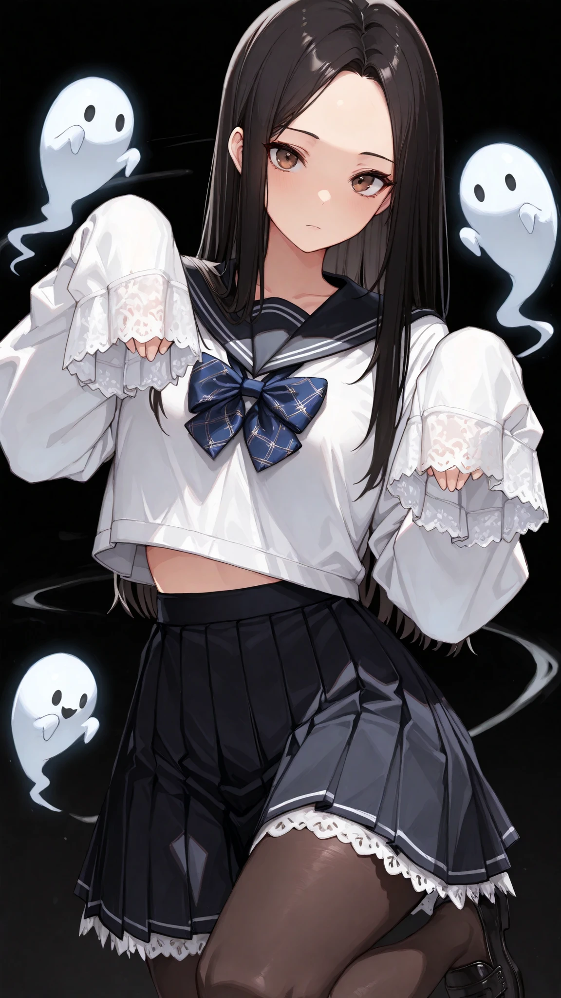 Shelley Gee, (masterpiece, top quality, High precision in selection: 1.2), , Alone, (masterpiece, best quality:1.2),  baltolomeobari , Kiyomi , (1girl, solo), (long black hair, STRAIGHT HAIR, Forehead), brown eyes, (Serofu, lace fabricセーラー服)、bow tie、cowboy shot、lace fabricのレオタード、Long Pleated Skirt、BLACK BACKGROUND、pantyhose、stand on one leg、black sailor color、lace fabric、growing、thin、ghost pose in long-sleeved clothing、