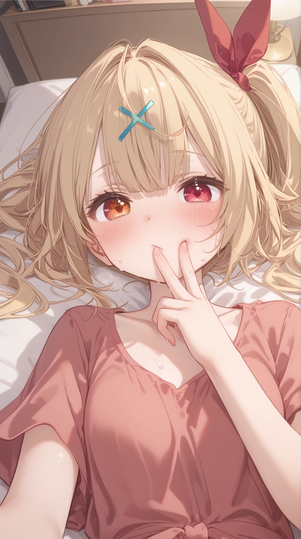 Masterpiece、Anime Coloring、Ultra fine、16K、Highest quality、from above、upper body、looking up、light smile、((((blush))))、sparkle in the eyes、detailed eyes、Looking up、bed、((Cover your mouth with a blanket))、Stylish room、Cute pink pajamas、((Pajamas with all the buttons open))、((Sky blue color bra))、Small breasts、Yellow Eyes、Cleavage