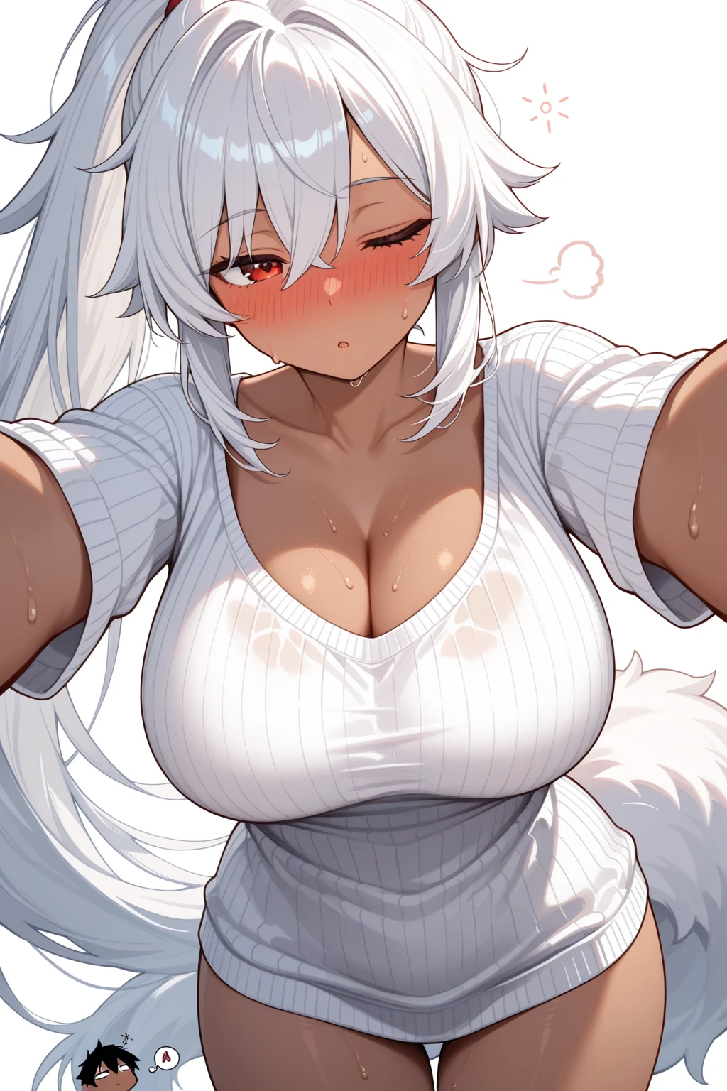 NSFW,(One girl:1.5),ANIME_ghislaine_thong_ownwaifu, www.ownwaifu.com, Ghislaine_Unemployed_Tensei, Dark Skin, Woman with dark skin, Long Hair, Grey Hair, Red Eye, One-eyed, Cat ear, Fur coat, Red headband, Red choker, forest, lake, null, Green Pants,(Perfect hands),(Perfect ???????),(masterpiece),(highest quality),(Frustrated face:1.5),blush