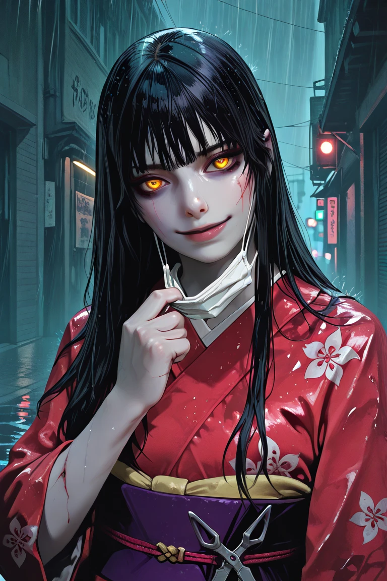 Long black hair, red eyes, mad scientist, seductive, mature, beautiful