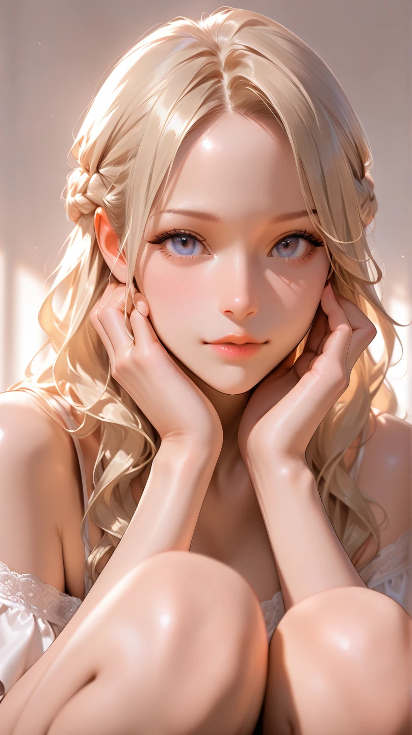 a beautiful woman with long white hair, green eyes, kneeling on a bed, biting her lips, looking directly at the camera, (best quality,4k,8k,highres,masterpiece:1.2),ultra-detailed,(realistic,photorealistic,photo-realistic:1.37),highly detailed face, extremely detailed eyes, high quality detailed skin, detailed silky white hair, elegant lingerie, dramatic lighting, cinematic composition, vibrant colors, glowing skin, digital art, portrait