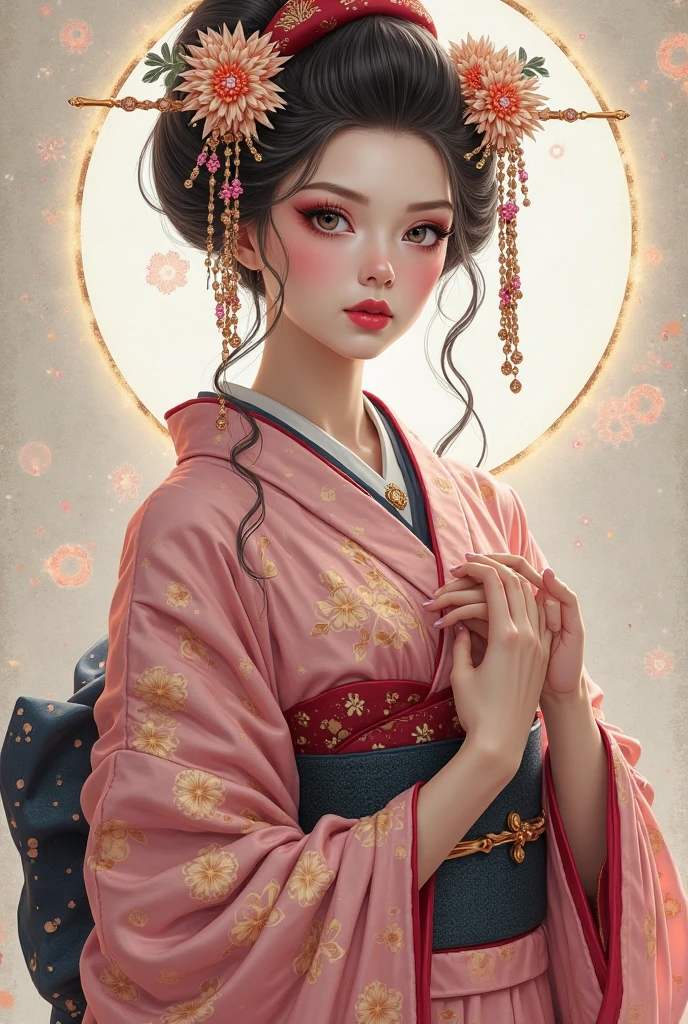 The art depicts a charming woman dressed in a flowing, silky traditional oriental dress, pink, decorated with intricate patterns and bright colors. Her dress drapes elegantly over her curvy figure, accentuating her seductive silhouette. She stood gracefully in the quiet moonlit night, bathed in the soft glow of the moonlight. The scene exudes an ethereal and dreamy atmosphere, with a touch of mystery and sexiness. The graphic style blends watercolor and digital illustration techniques to evoke a refined beauty and charm. The lights are filled with soft moonlight, casting soft highlights and shadows on her charming features. Bare thighs, big breasts