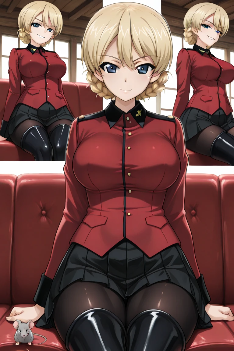 masterpiece, highest quality, 1 girl, (one body), super detailed, High resolution, Very detailed CG, 1st Default, first closing, (first hairstyle:1.5), (folded ponytail:1.5), (４０mature adult woman:1.5), long sleeve, (big:1.5), office, (red面:1.5), (smile:1.5), (red_Jacket:1.5), whiteのシャツ, earrings,  Ascot, brooch, (red_pencil skirt:1.5), (red_lips), whiteいthighs, huge breasts, (wide pelvis), (Are standing), (とてもbig_lower body:1.5), (Very thick_thighs:1.5), (完全に露出したpanties:1.5), (panties丸見え:1.5), (white_race_It&#39;s stuck in_panties:1.5),  (lift the skirt:1.5), (スカート that rolls up:1.5), (股間のアップをfrom below見上げる_perspective:1.5), (from below:1.5), (looking at the viewer), (cowboy shot)