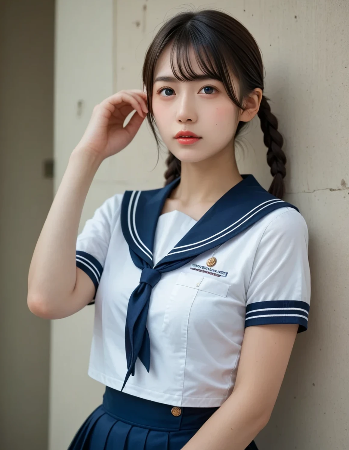 (masterpiece, highest quality:1.2), 8K, young beautiful girl, 85mm,Official AR RAW photo, baby face、clothed big breasts、show me your ears、photo shoot, cute face, thighs, After school classroom, looking at the viewer, embarrassing、smile、no makeup, film grain, chromatic aberration, sharp focus, face light, clear lighting, Ten generations, detailed face, background bokeh、((((((18 year old high school girl))))))、thin waist、sailor suit、not wearing a skirt、pubic hair、vagina/pussy