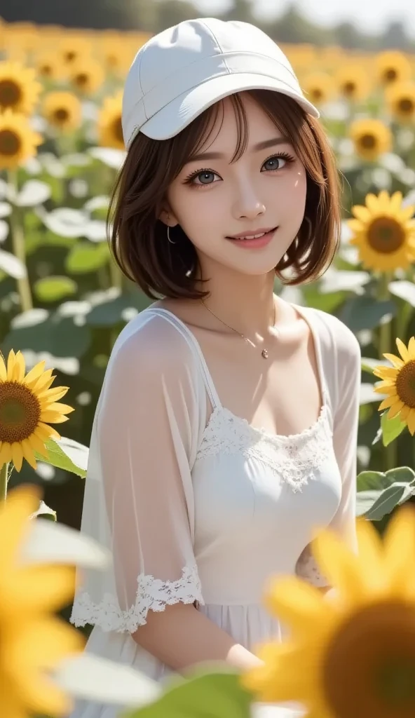 8K, Ultra-high resolution, highest quality, masterpiece, Surreal, photograph, 1 girl, (40 years old:1.3), pretty girl, Cute face, Beautiful eyes in every detail, 細かくdetailedに, Black short bob,Tank top,Shorts,Summer day,Sunflower field,Watering,Sexy pose、See through 、Look at the audience、beauty,Long neck、Smile a little、Please close your mouth and laugh、(((Ideal body proportions))),A cup small breasts :2,Portraiture:2、Perfect Anatomy、Vivid details、detailed、Surreal、Light and shadow,Strong light,Fashion magazine cover,Thin lips